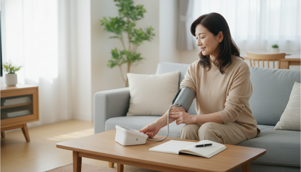 血圧を測定する女性